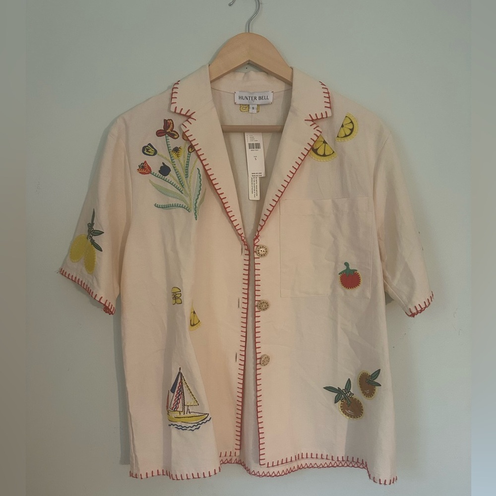 Hunter Bell Embroidered Cream Polly camp Shirt - Picture 4 of 11